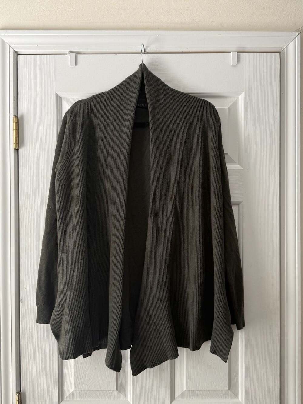 Cyrus Open Front Cardigan Size L Olive Green Ribbed Knit Draped